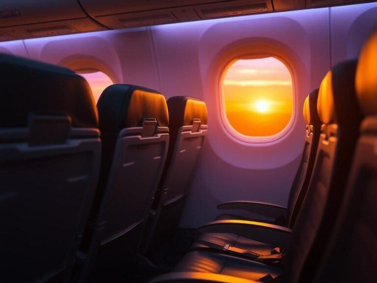 Flick International Serene airplane cabin with empty seats under ambient lighting and sunset view