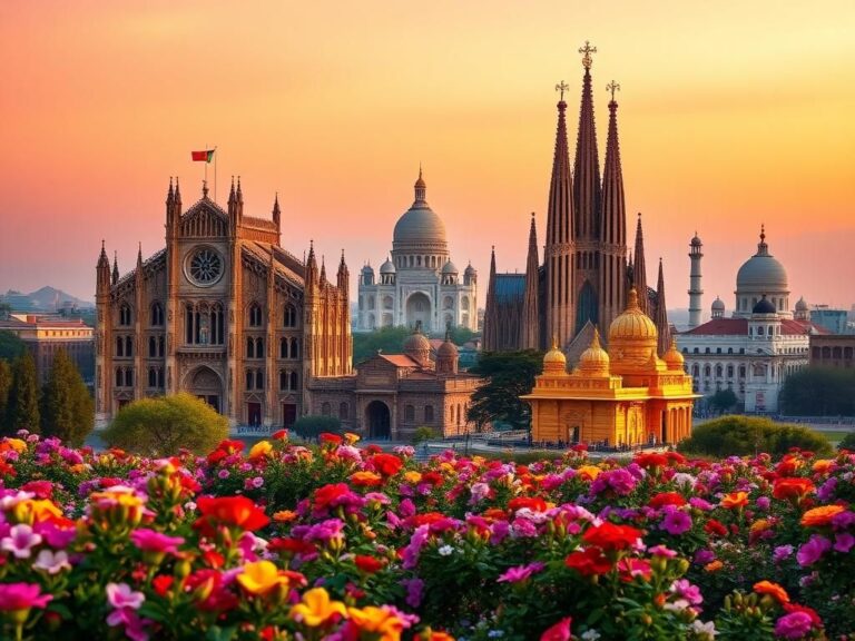 Flick International Panoramic view of Notre Dame Cathedral and Sagrada Família at golden hour