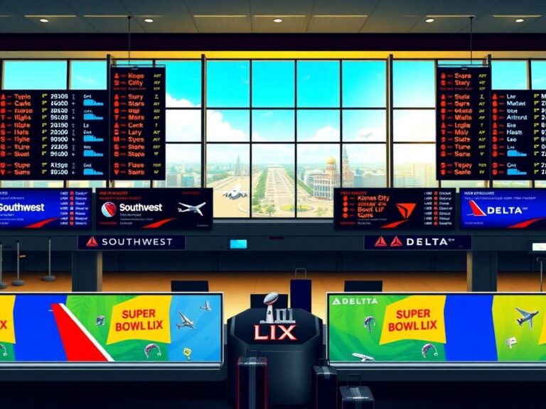 Flick International Vibrant airport scene with flight boards showing Kansas City and Philadelphia for Super Bowl LIX