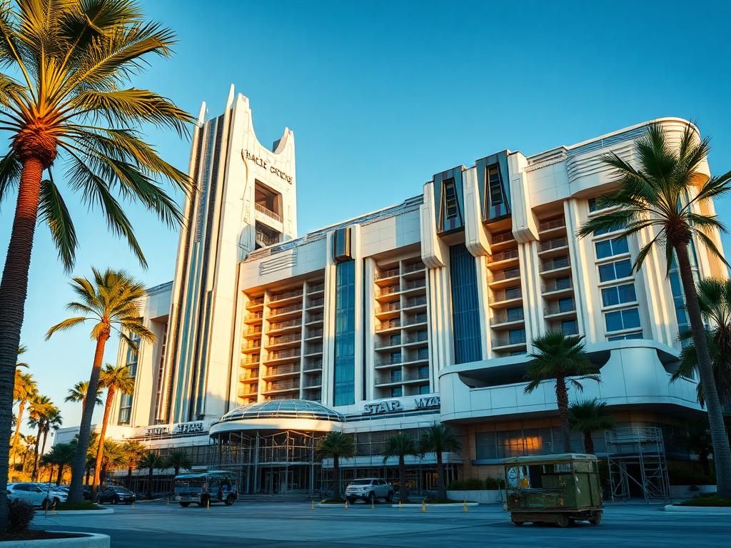 Flick International Futuristic building of the former Star Wars: Galactic Starcruiser hotel awaiting renovations in Orlando, Florida