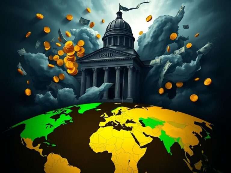 Flick International Abstract representation of a government building symbolizing USAID amidst swirling clouds of money