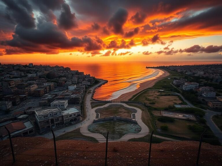 Flick International Aerial view of Gaza Strip contrasting dense neighborhoods and vibrant coastal areas