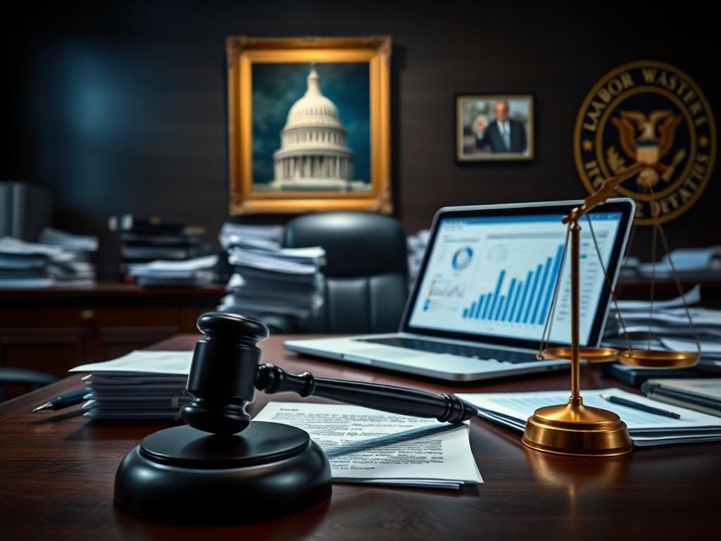 Flick International Dimly lit bureaucratic office showcasing a cluttered wooden desk with legal documents and a gavel.