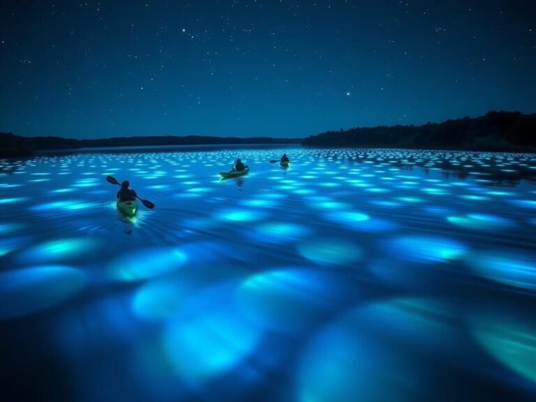 Flick International Kayakers paddling in bioluminescent waters at night