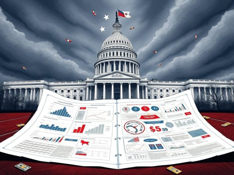 Flick International Detailed illustration of the U.S. Capitol building with a blueprint showcasing budget graphs related to Trump's agenda