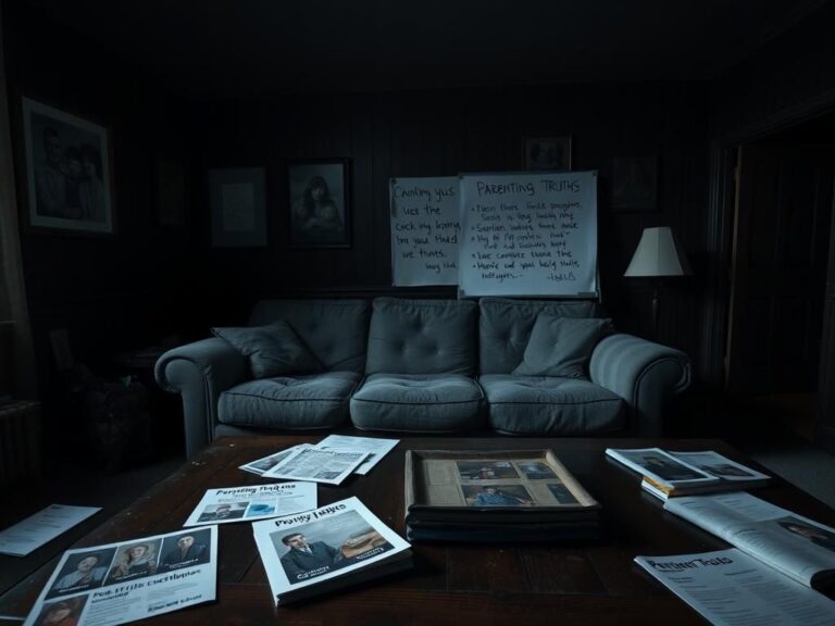 Flick International Somber living room scene with worn-out couch and family portraits