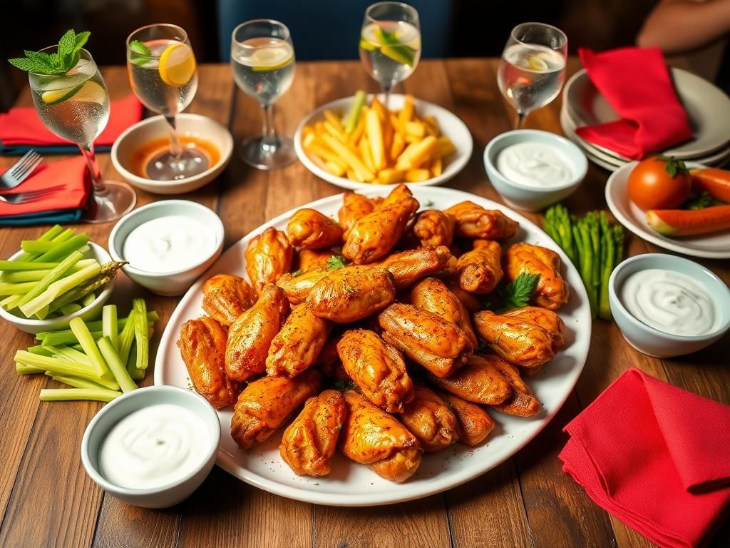 Flick International Vibrant spread of healthy baked wings and fresh vegetable dips on a rustic table