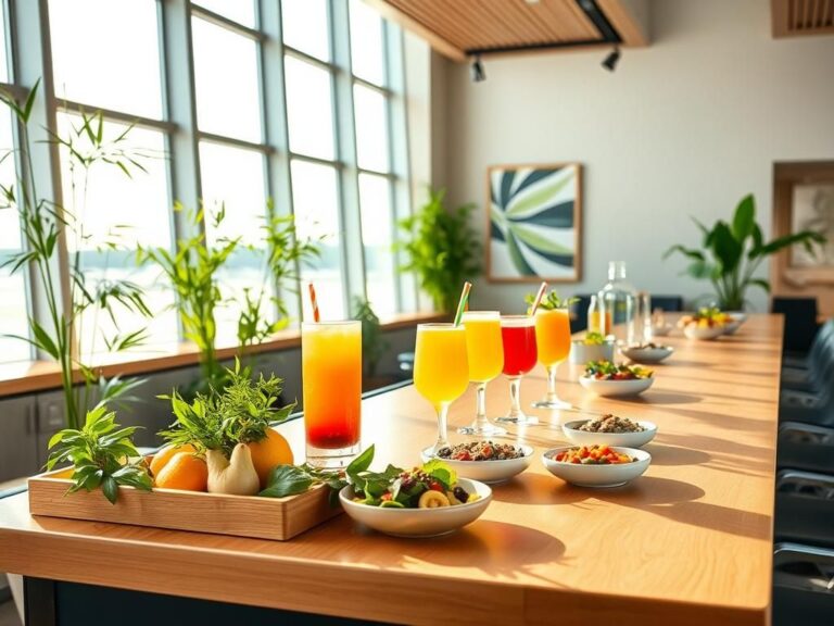 Flick International A modern airport lounge bar featuring vibrant mocktail beverages and health-conscious snacks