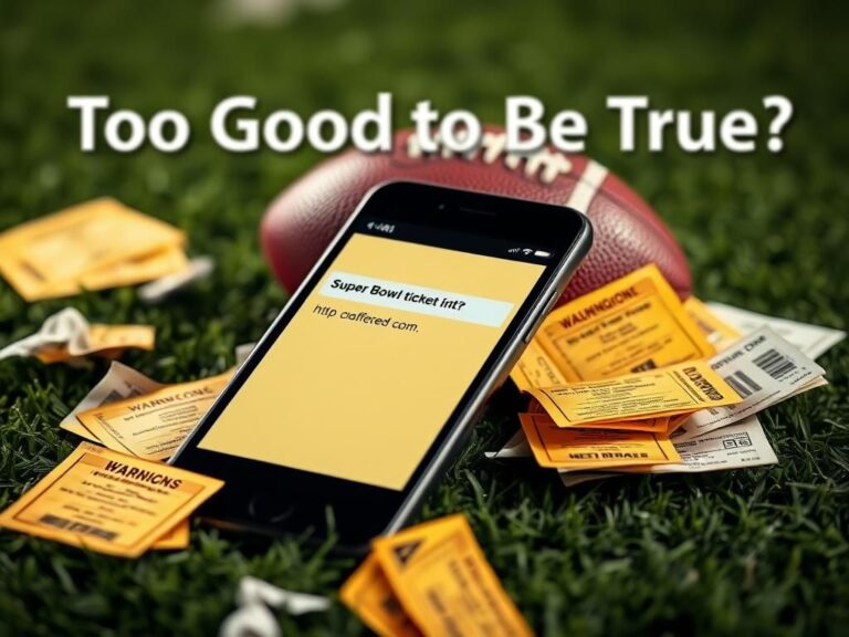 Flick International Smartphone screen displaying an alert for a suspiciously low-priced Super Bowl ticket offer