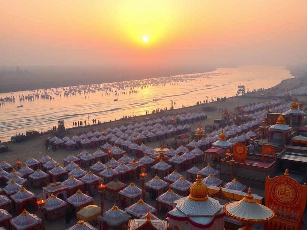 Flick International Serene banks of the Ganges and Yamuna rivers during the Maha Kumbh Mela festival