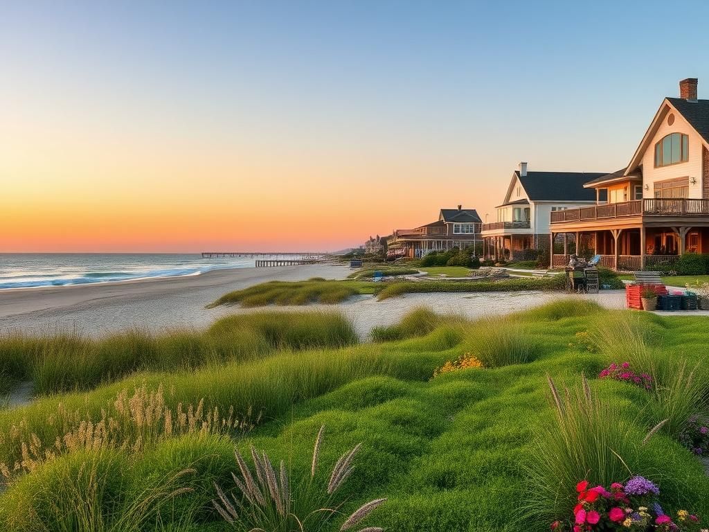 Flick International Serene beach scene in East Hampton showcasing migrant-maintained gardens and affluent atmosphere