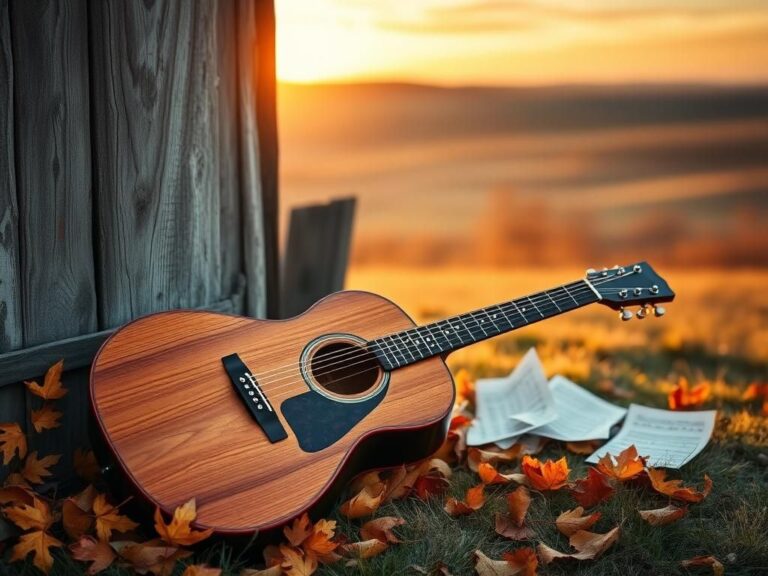 Flick International Rustic wooden guitar against a weathered barn wall surrounded by autumn leaves