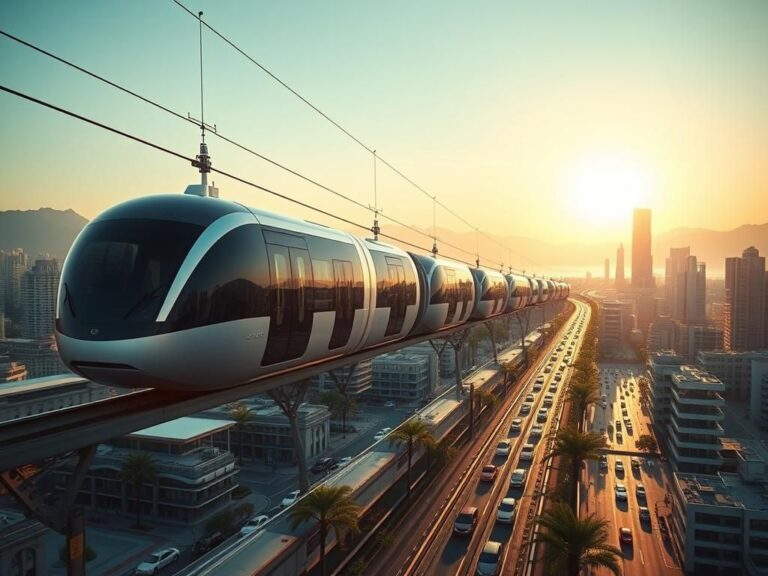 Flick International Autonomous transport pods soaring above a modern urban skyline