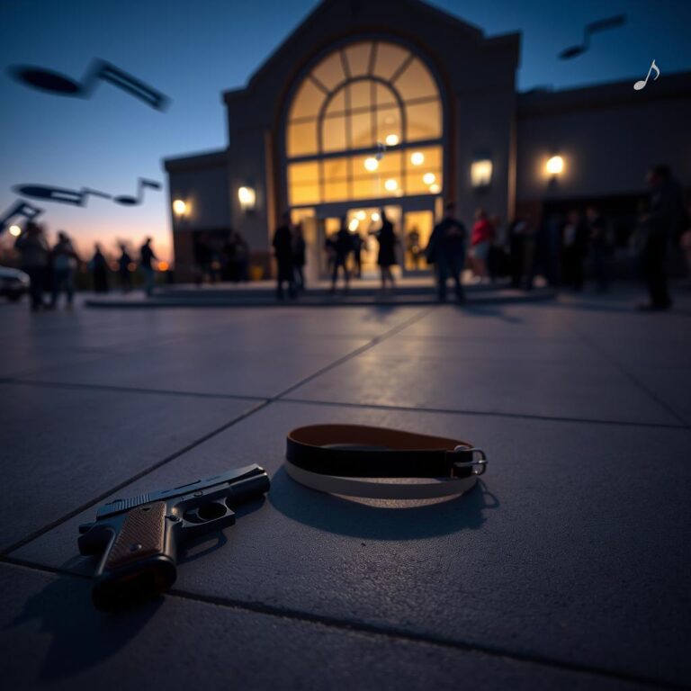 Flick International Discarded handgun and improvised handcuffs on tiled floor outside Texas high school after active shooter incident