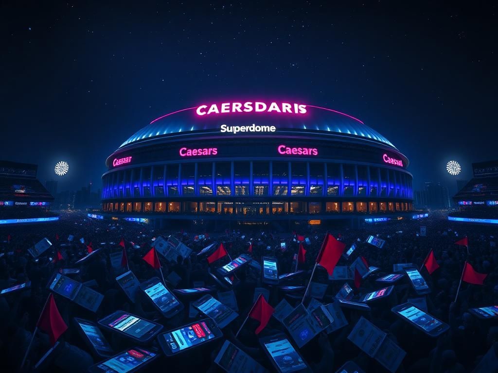 Flick International Aerial view of Caesars Superdome illuminated at night surrounded by digital device icons