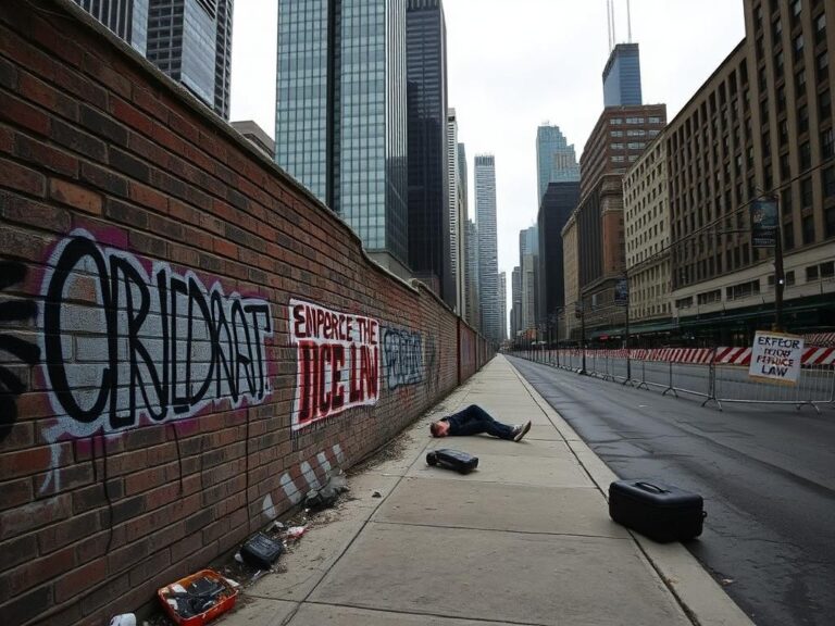 Flick International A weathered brick wall covered in graffiti in Chicago reflecting immigration policy dissent