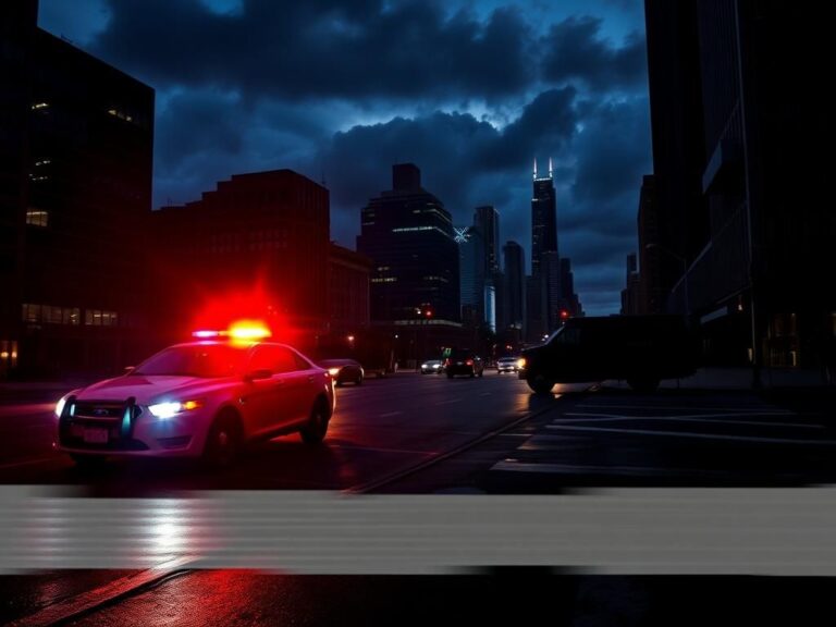 Flick International Nighttime cityscape of Chicago with a police car's flashing lights reflecting on wet pavement