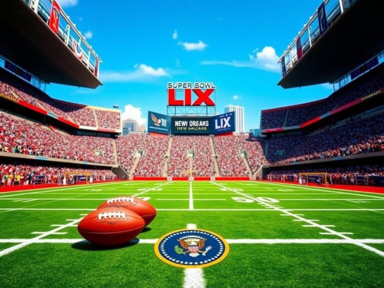 Flick International A vibrant Super Bowl LIX stadium scene with football and presidential seal