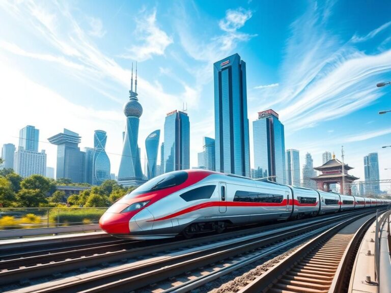 Flick International High-speed bullet train prototype gliding through a modern cityscape in Beijing