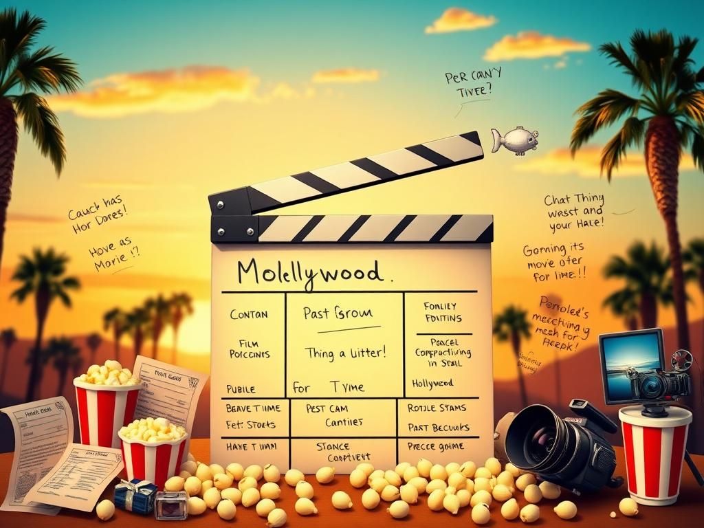 Flick International Whimsical movie clapperboard against Hollywood palm trees and sunset sky