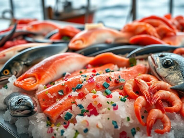 Flick International Close-up of a seafood display with various fish and microplastics on ice