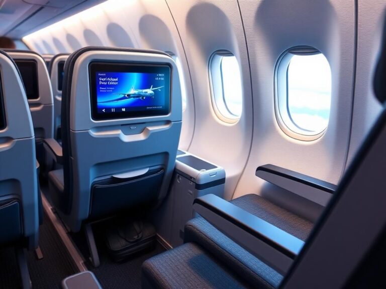 Flick International Spacious exit-row airplane interior with an entertainment console