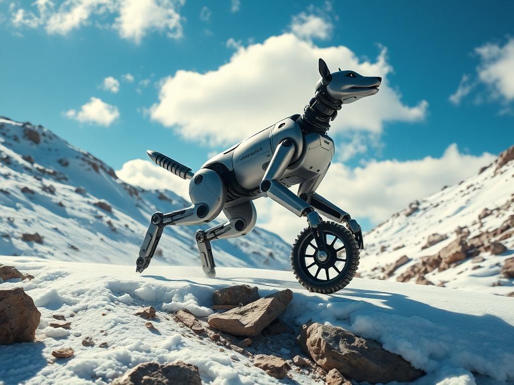 Flick International Lynx the robot dog performing a flip in snow-covered terrain