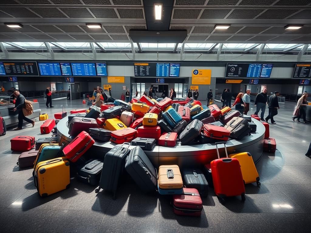 Flick International A busy airport baggage claim area with colorful suitcases on a luggage carousel
