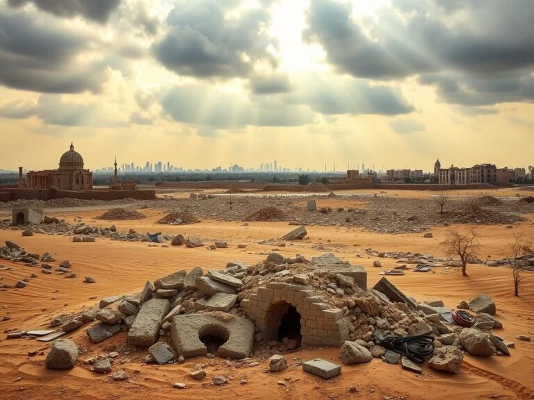 Flick International A desolate landscape of Gaza showcasing crumbling ruins and modern debris