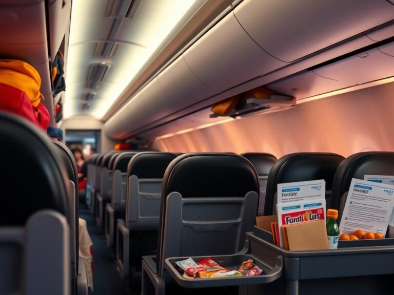 Flick International Cozy airplane interior scene with empty seats and colorful luggage