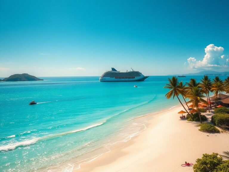 Flick International Large cruise ship anchored in turquoise waters of the Caribbean