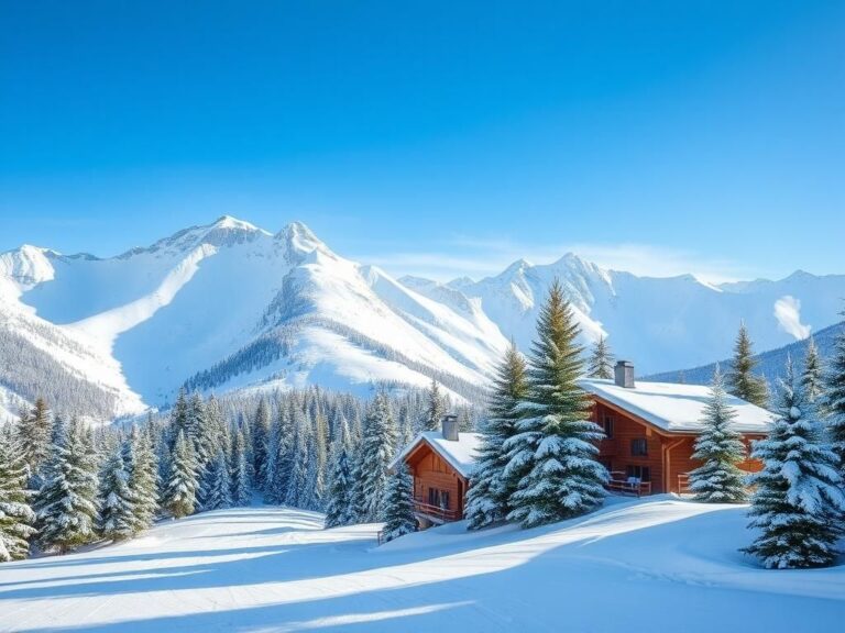 Flick International Serene winter landscape at a picturesque ski resort showcasing snow-covered mountains and cozy cabins