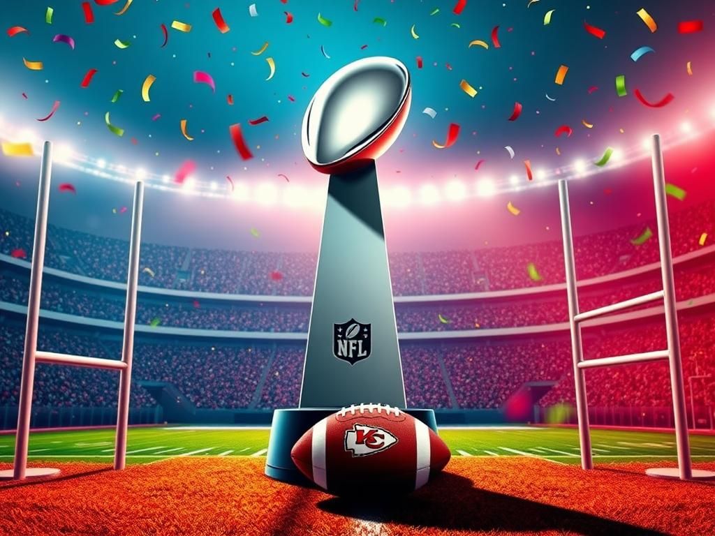 Flick International A vibrant image of the Lombardi Trophy in a festive stadium, celebrating NFL victory