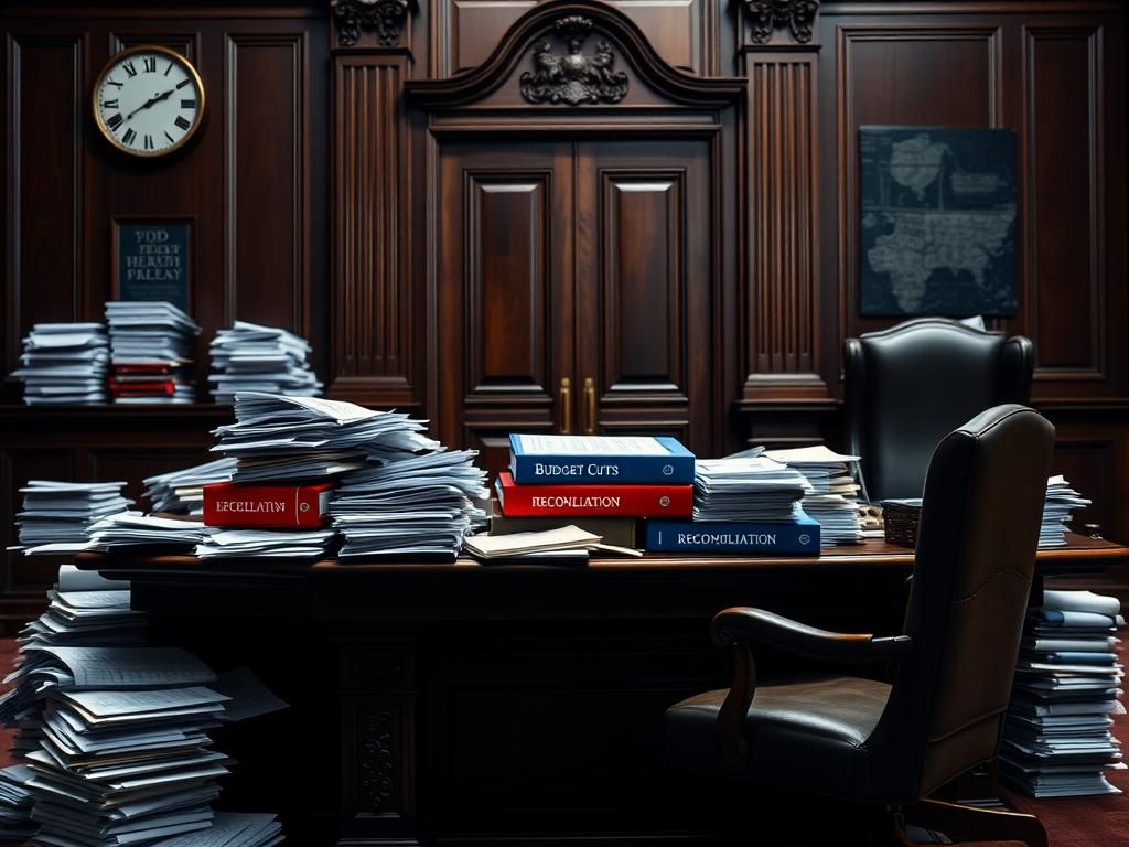 Flick International A large wooden desk with paperwork and budget documents representing legislative negotiations.