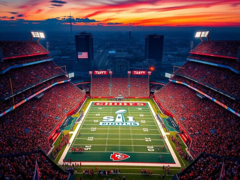 Flick International Aerial view of a vibrant football stadium filled with fans in red and blue colors for the Super Bowl.