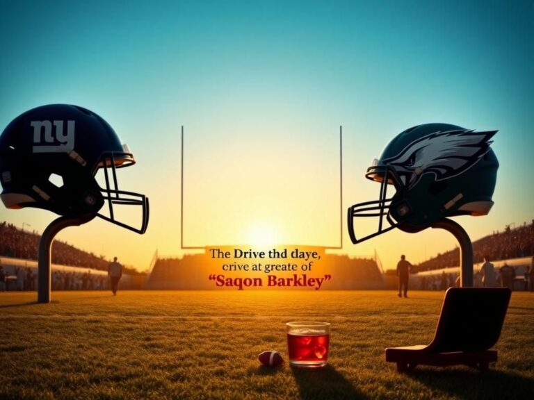 Flick International dynamic sports-themed image featuring an empty football field under a clear blue sky during sunset with opposing team helmets