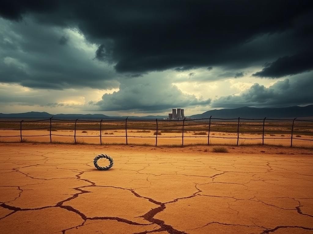 Flick International A barren desert landscape under a stormy sky, symbolizing geopolitical tension in Iran.