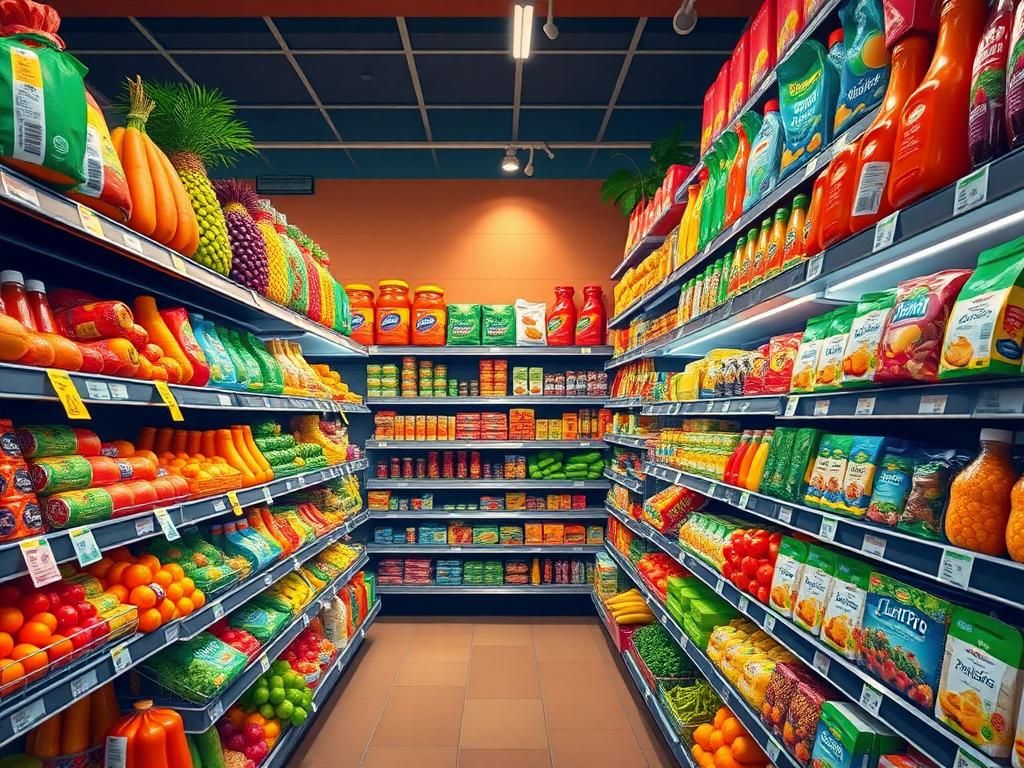 Flick International Vibrant Brazilian supermarket aisle filled with colorful grocery items including fruits, vegetables, and price tags showcasing food cost contrasts