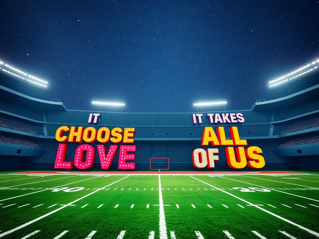 Flick International Vibrant image of an American football field during Super Bowl with messages of 'Choose Love' and 'It Takes All of Us' displayed in the end zones.