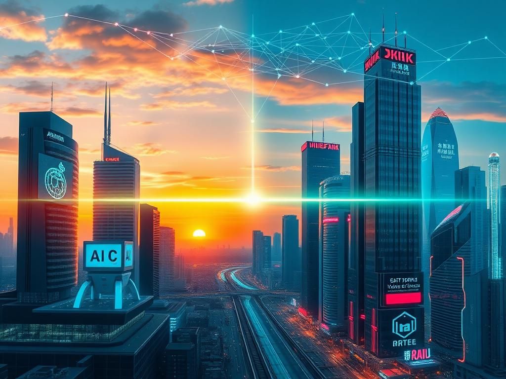 Flick International Abstract representation of the US-China AI race with divided cityscapes