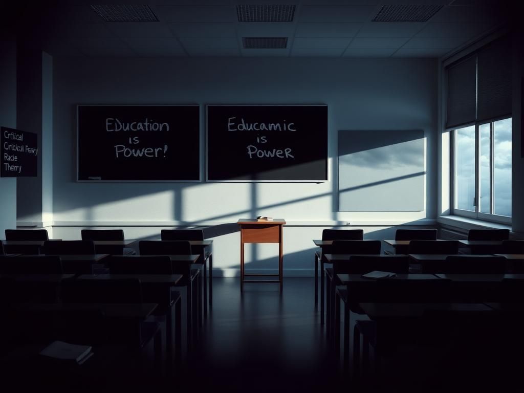 Flick International Dimly lit classroom with empty desks and a chalkboard on critical race theory