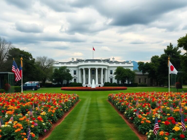 Flick International A panoramic view of the White House lawn featuring a well-manicured garden and flags of the United States and Japan.