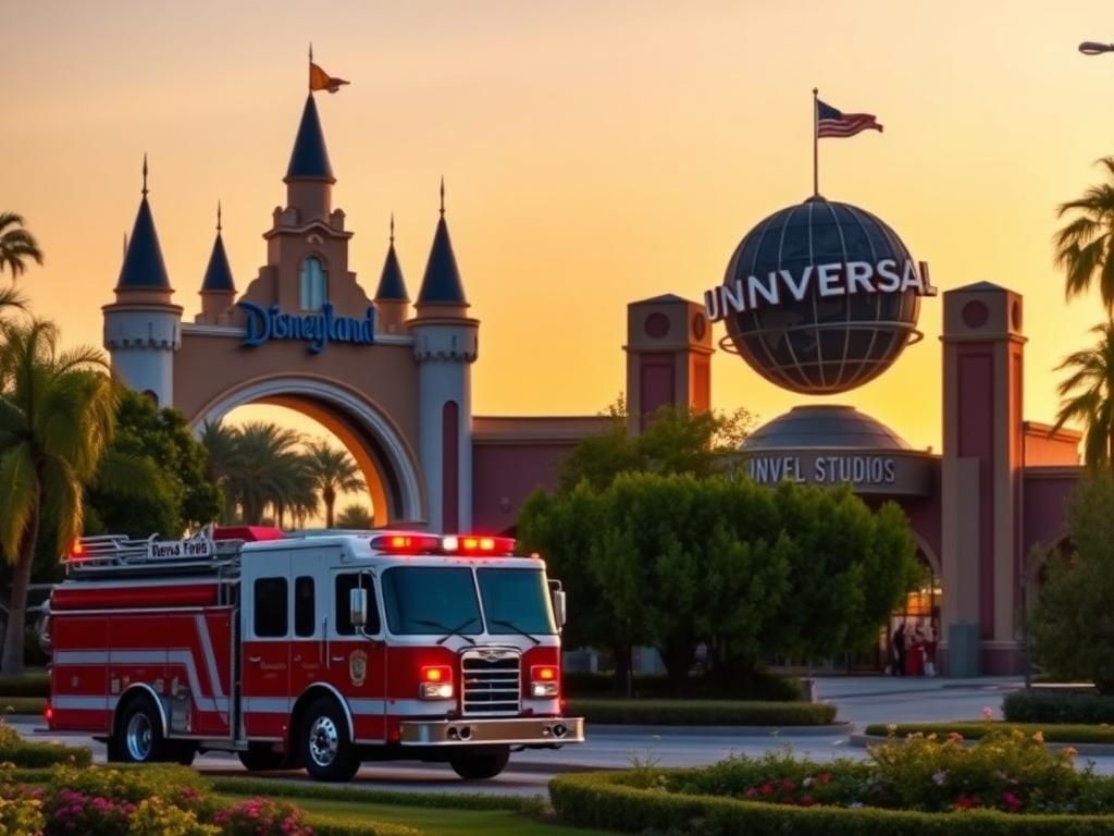 Flick International serene Southern California landscape with Disneyland and Universal Studios entrances and a parked fire truck