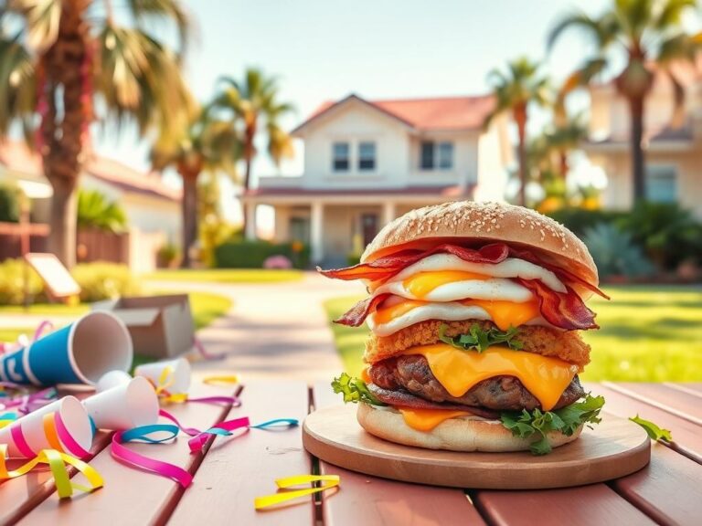 Flick International A vibrant picnic scene featuring a Hangover Burger on a table with colorful party remnants.