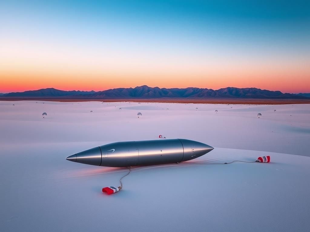 Flick International Uncrewed Boeing Starliner spacecraft resting on the smooth white sands of White Sands Missile Range at dawn