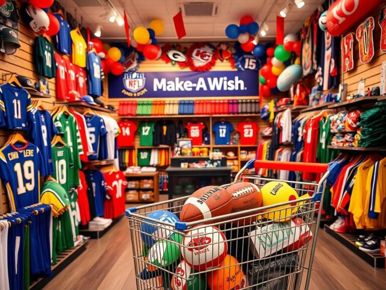 Flick International Vibrant interior of LIDS sports retail store filled with NFL merchandise and Super Bowl decorations