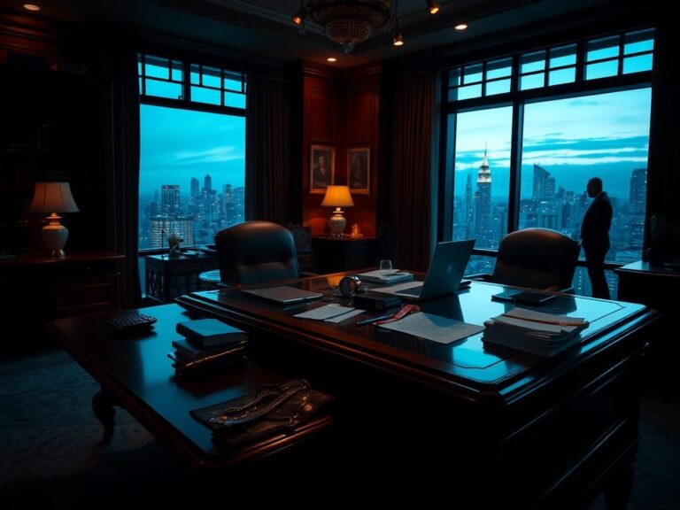 Flick International A dimly lit opulent office space showcasing luxury items and a city skyline