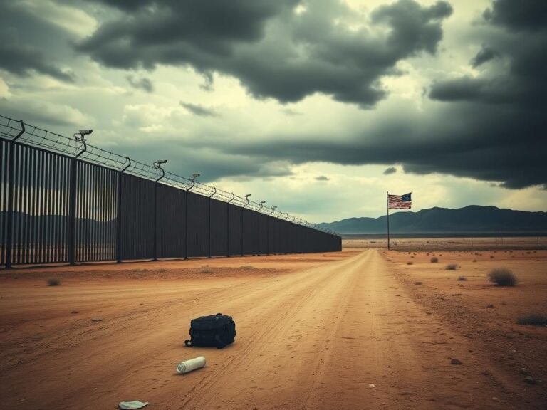 Flick International A large border wall with barbed wire and surveillance cameras in an arid landscape