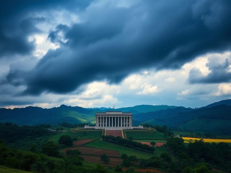 Flick International Dramatic landscape showing a government building in Rwandan countryside with storm clouds