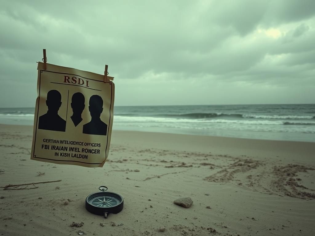 Flick International Weathered posters seeking information on Iranian intelligence officers at a deserted beach on Kish Island, Iran